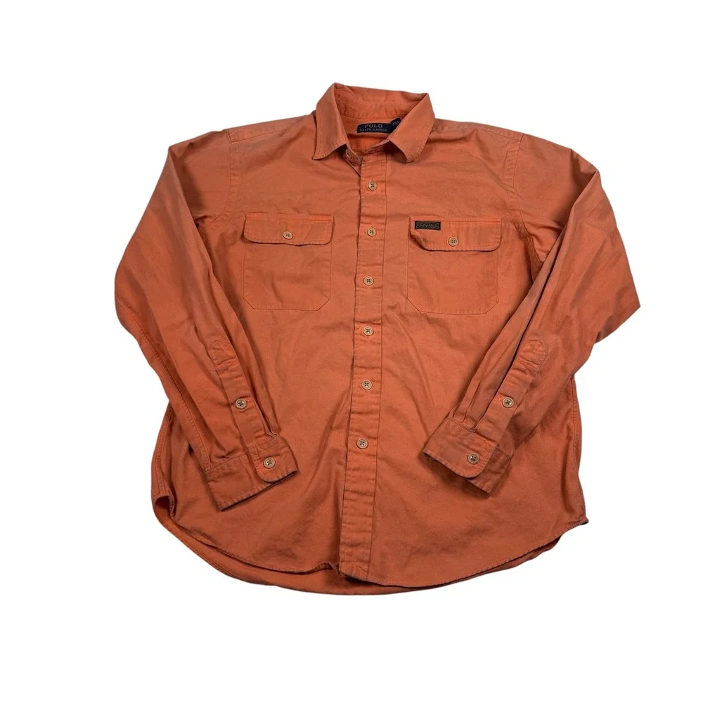 Polo Ralph Lauren Button Up Shirt Mens Large Orange‎ Long Sleeve Cotton Utility